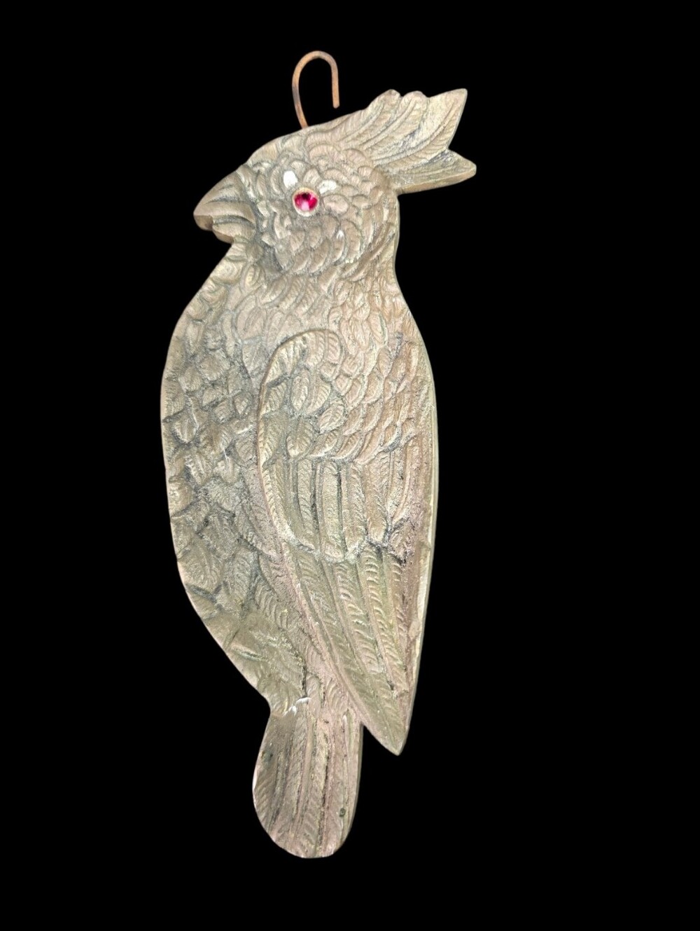 Vintage Heavy Brass Cockatoo Parrot Bird Trinket Dish with Red Accent Eye